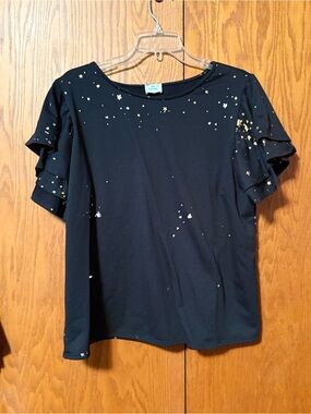 "Blue Buttercup Black Flutter Ruffle Sleeve Star Print Top, Made in USA